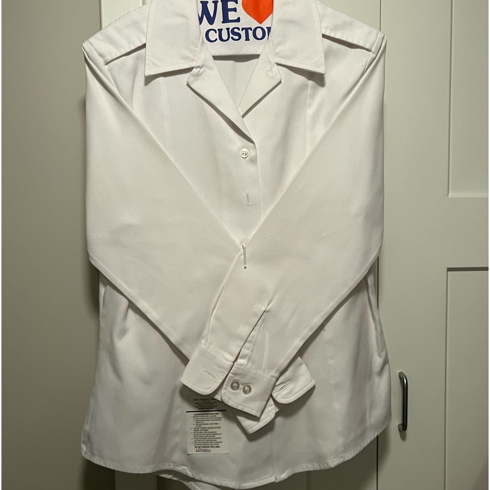 Woman’s ASU/Army Service Uniform button-down top/blouse, long sleeve, tuck-in.